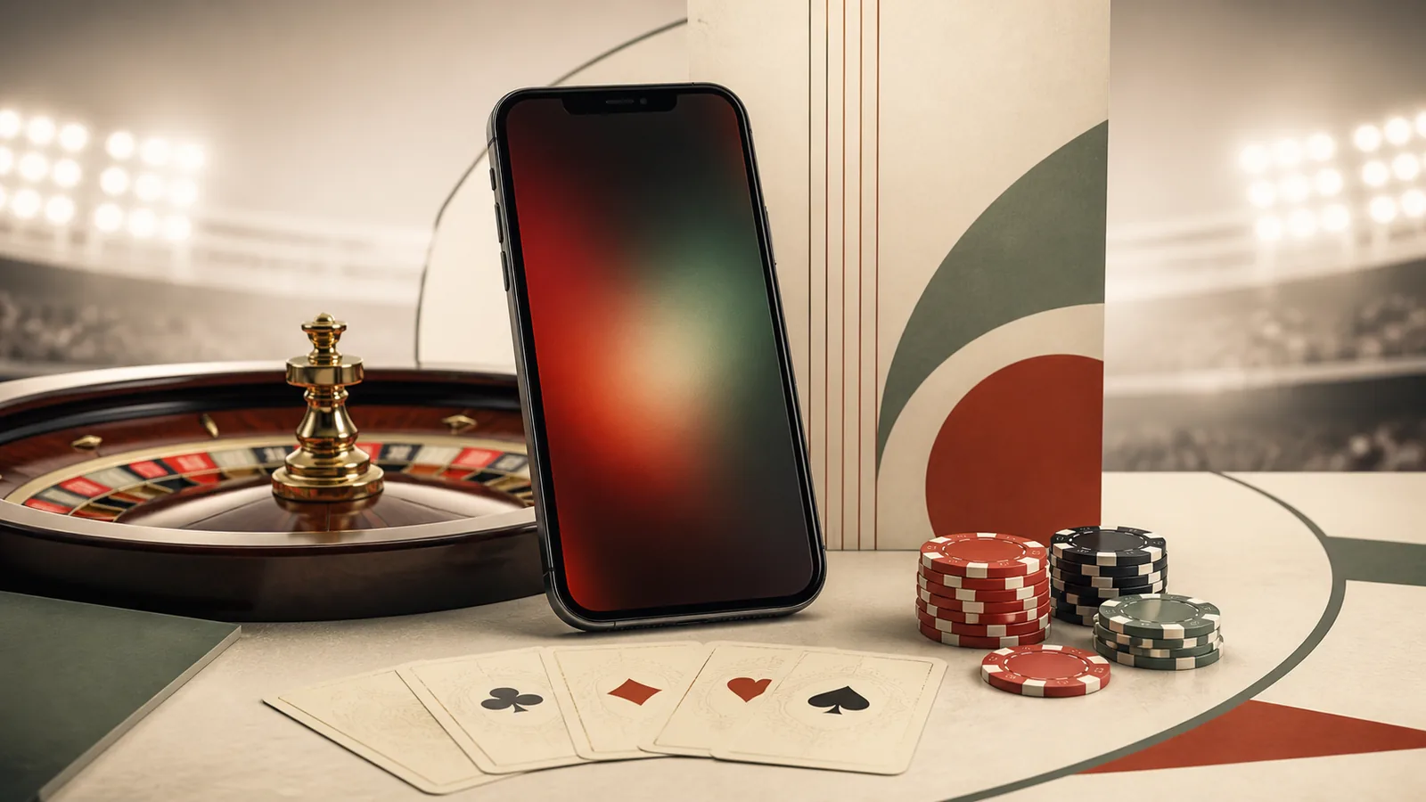 Ambiente editorial de cassino digital com roleta, cartas e jogos