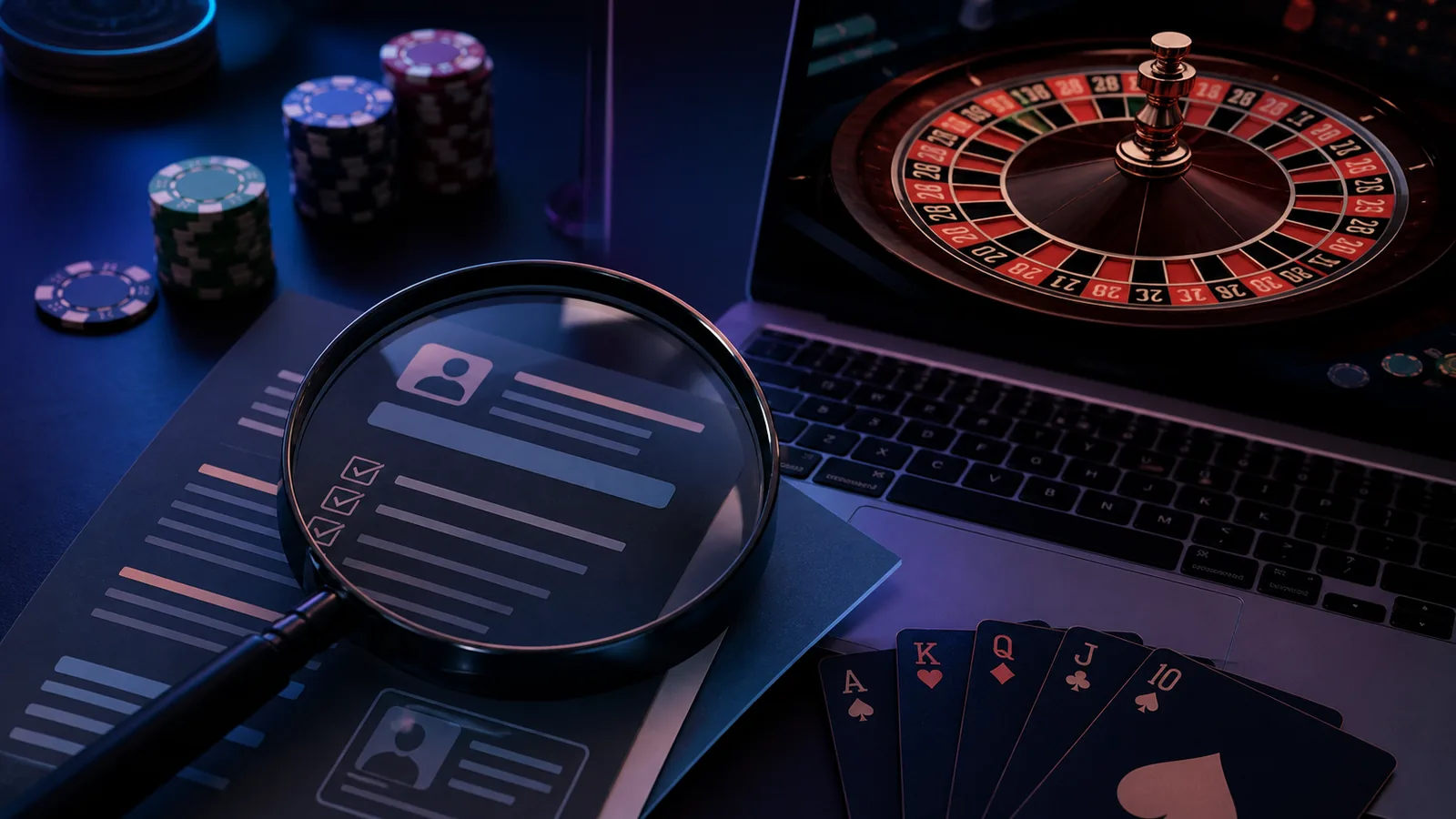 Ambiente de cassino digital com roleta, cartas e verificação de informações