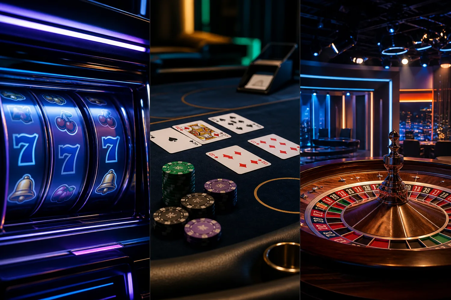 Composição editorial com slots, blackjack e roleta ao vivo genéricos